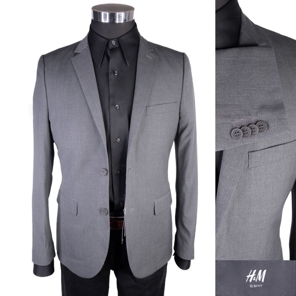 NWT H&M Blazer Jacket Size 36R Slim Fit Gray Stretch Sport Coat Two Button Poly